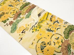 アンティーク　御所車に鶴・桧扇・松・梅模様織り出し丸帯（着用可）